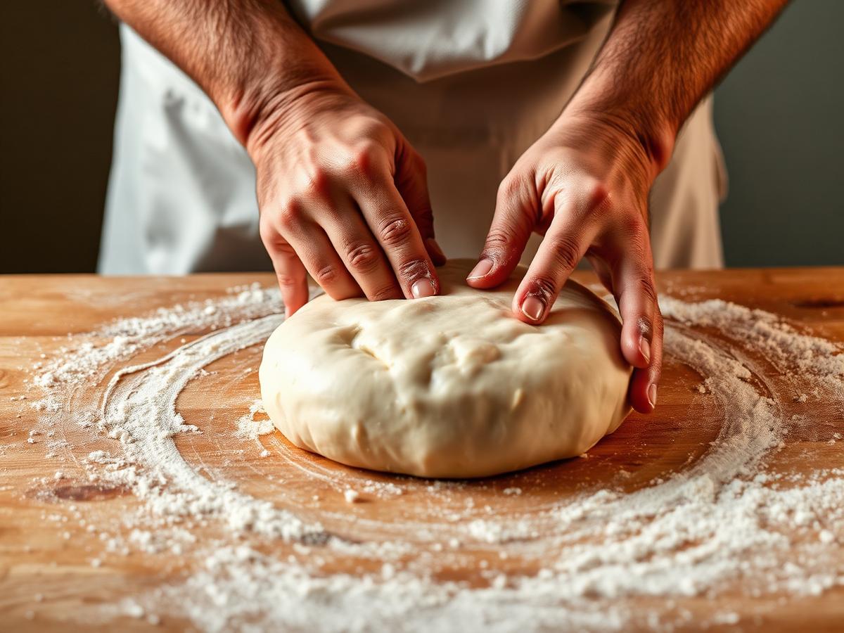 Baker shaping dough on a floured wooden surface