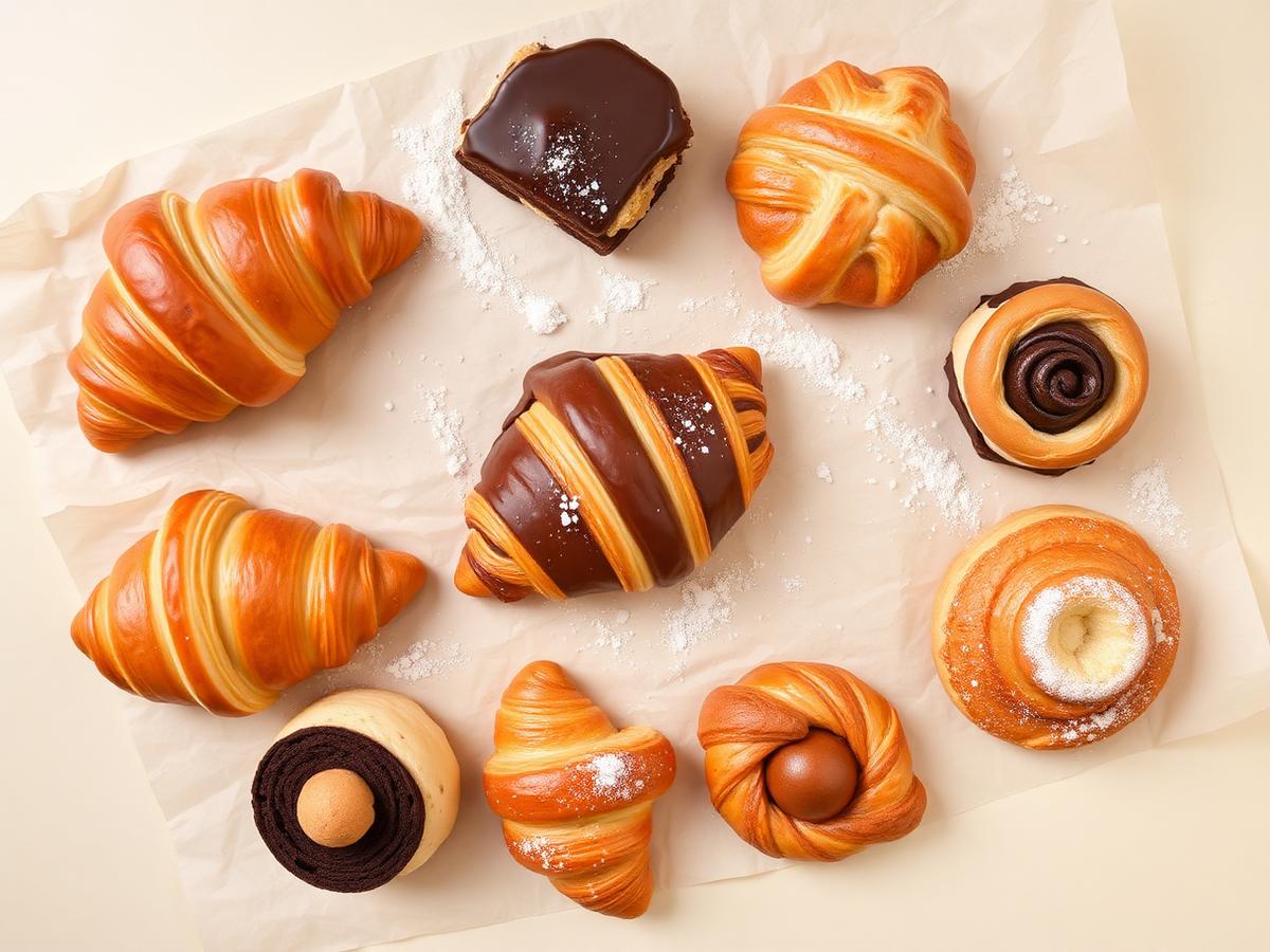 Assorted croissants and pastries on parchment paper dusted with flour